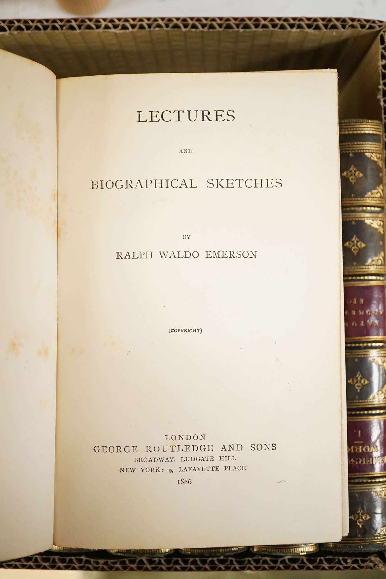 Emerson, Ralph Waldo - The Riverside Edition, (edited by J.E. Cabot), 11 vols. 2 photogravure portrait frontispieces; contemp. green half calf and cloth, gilt decorated panelled spines with red labels, marbled edges and